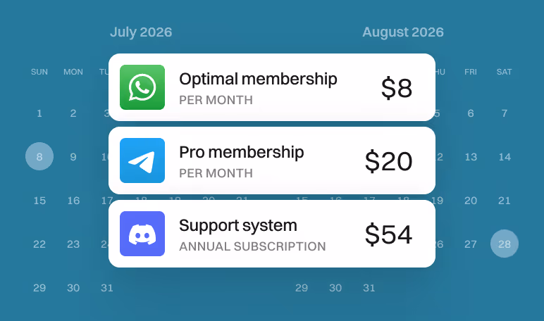 Calendar with WhatsApp, Telegram and Discord membership plans priced at $8, $20 and $54 for messenger subscriptions.