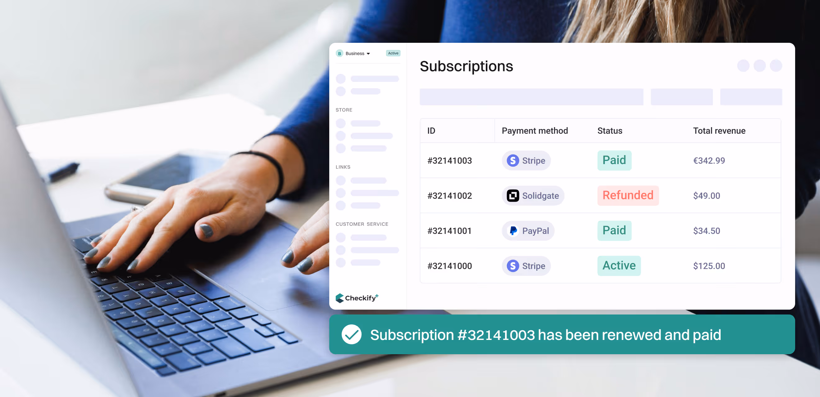 Checkify subscriptions dashboard on laptop showing Stripe, PayPal and Solidgate payments with a renewal confirmation.
