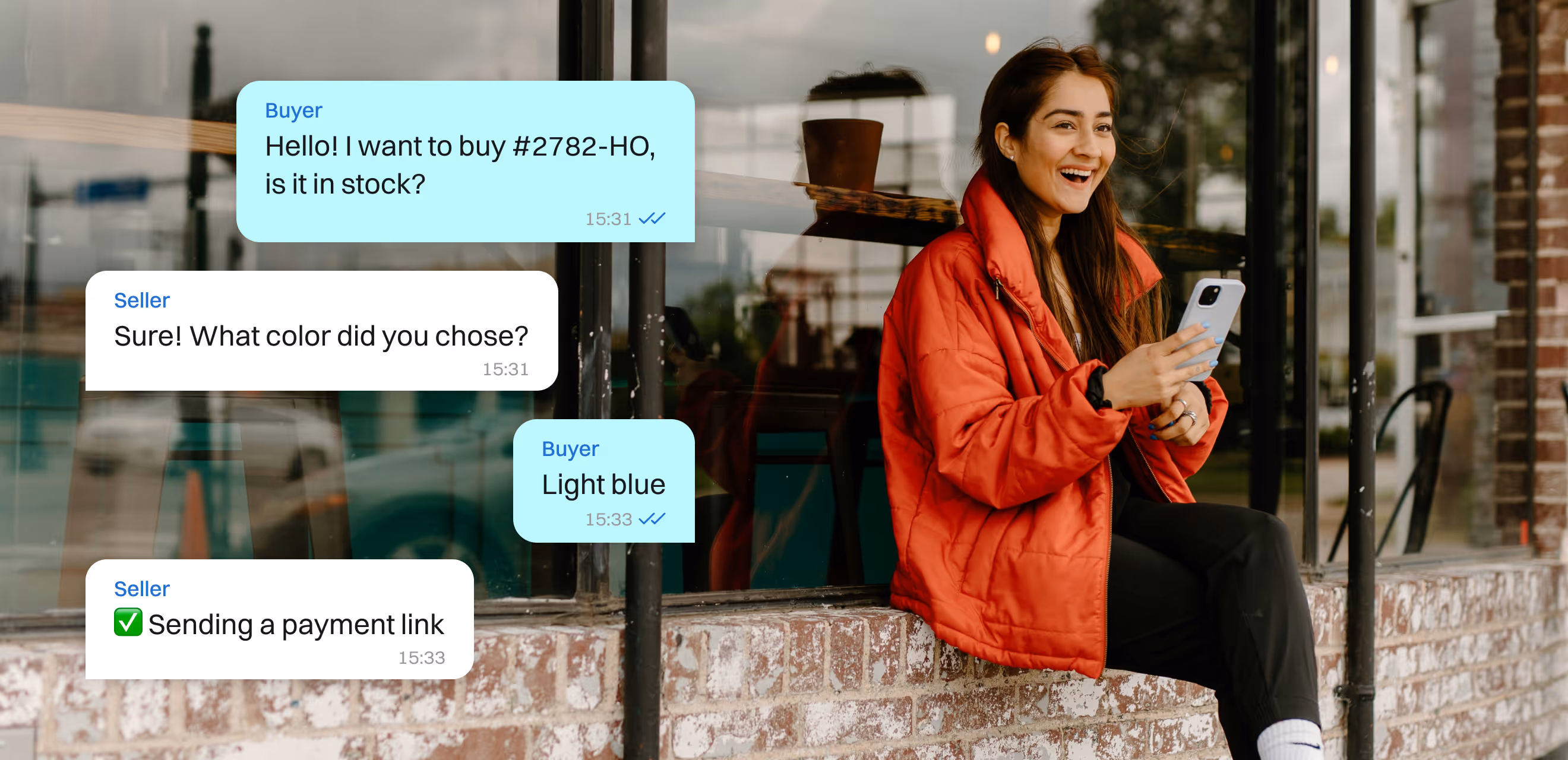 Woman on phone with a buyer-seller chat negotiating a product order and the seller sending a payment link.
