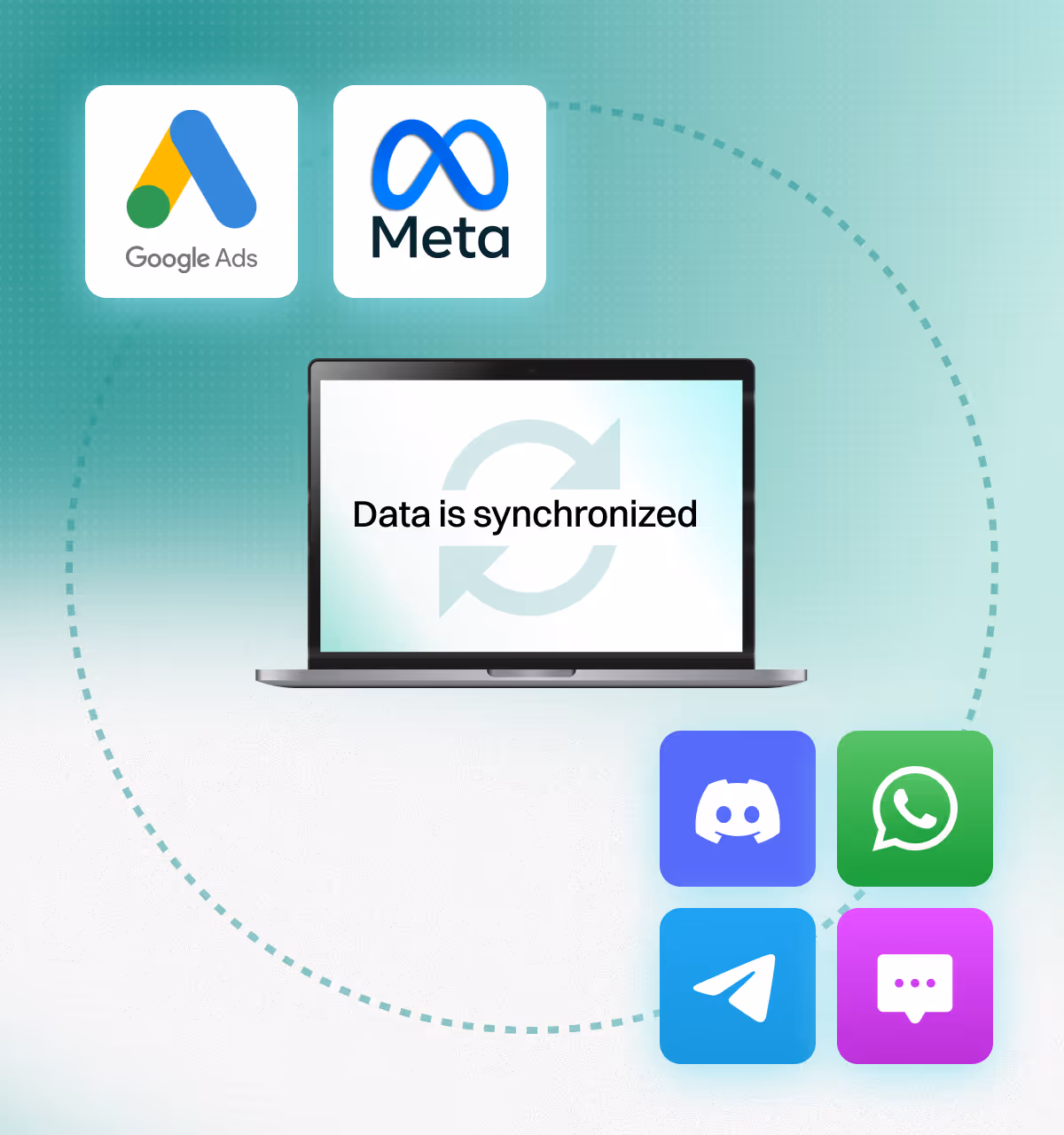 Laptop showing data synced between Google Ads, Meta and Discord, WhatsApp and Telegram for messenger commerce.