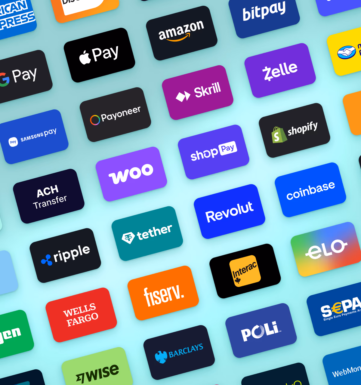 Grid of supported payment methods including cards, eWallets and bank transfers.