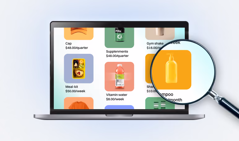 Laptop displaying a product catalog with a magnifying glass highlighting one item.
