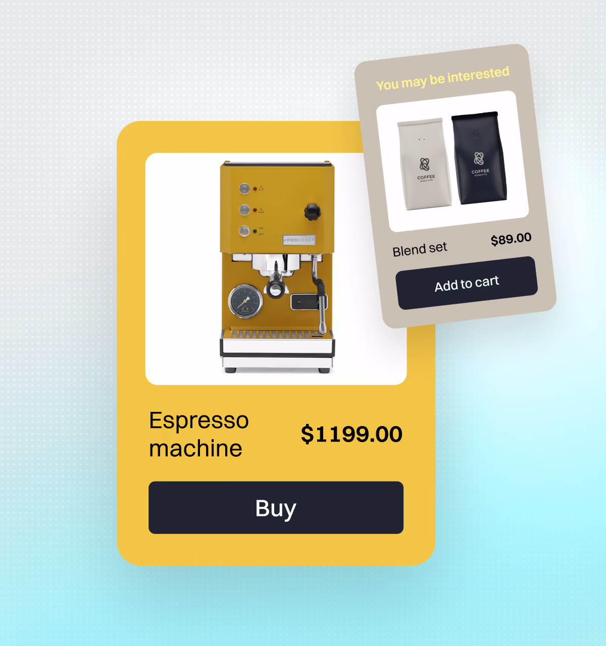 Espresso machine product card with an upsell suggesting a coffee blend set.