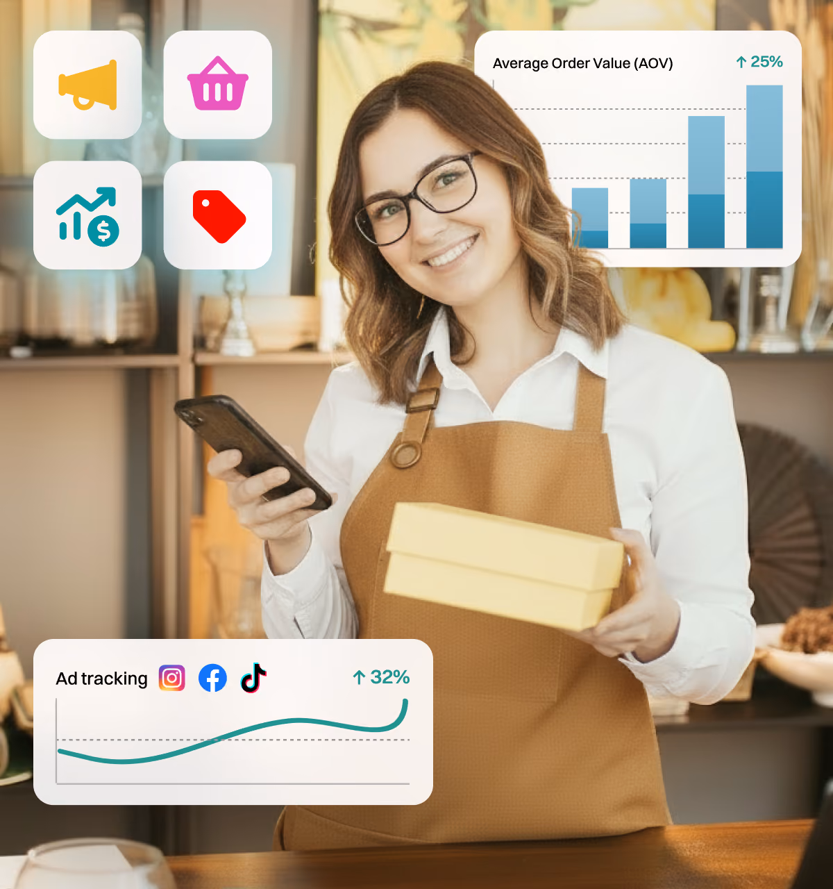 Small business owner holding a parcel and phone, with average order value and ad tracking charts.
