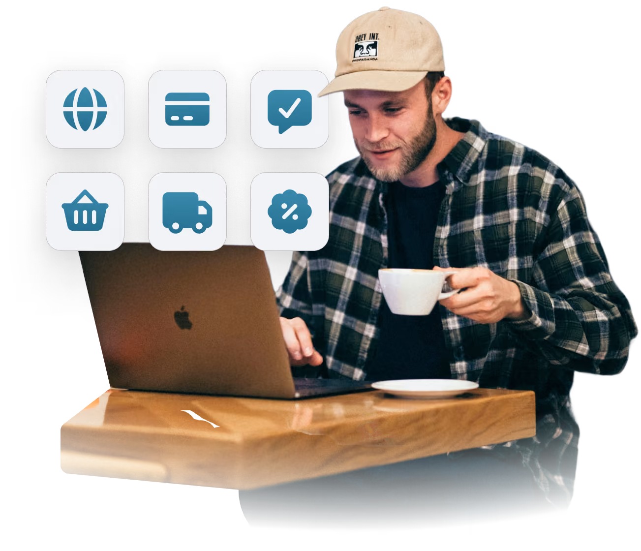 Man working on a laptop with coffee, surrounded by ecommerce, payment and delivery icons.