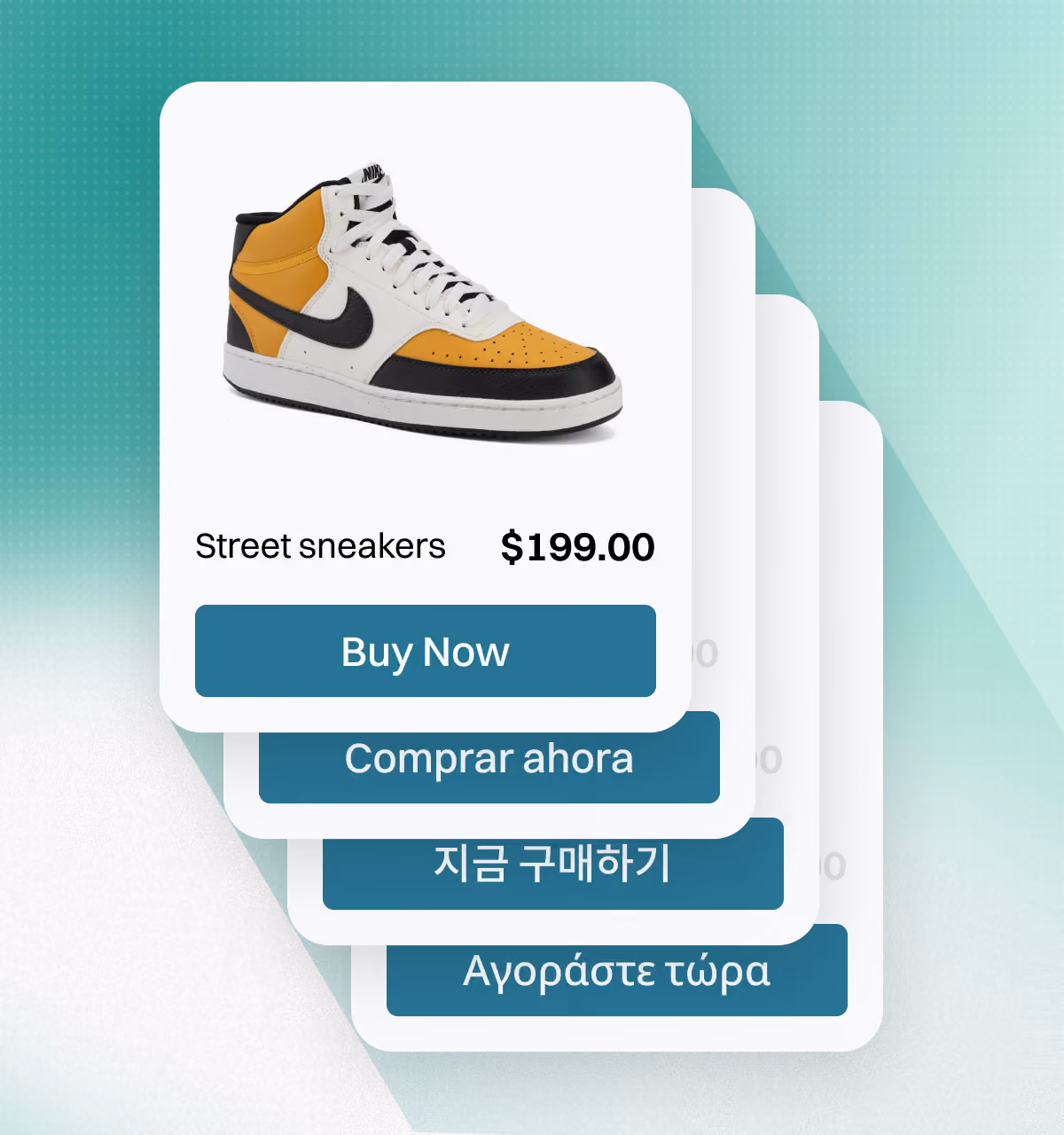 Sneaker product card with Buy Now buttons in English, Spanish, Korean and Greek.
