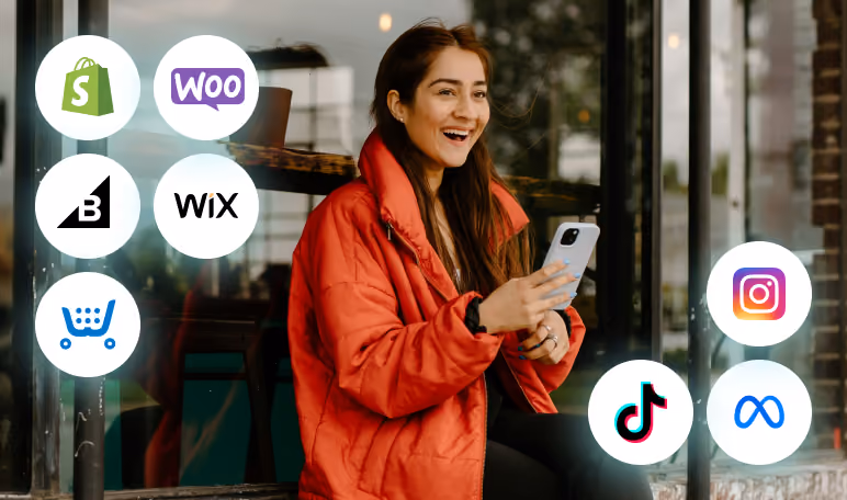 Shopify, WooCommerce, Wix and social platform icons around a woman using a smartphone.