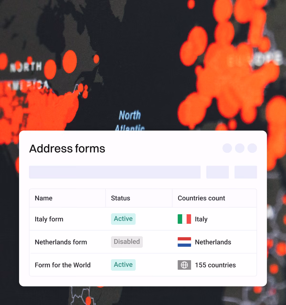 Address forms list with country-specific forms and a global form covering 155 countries.