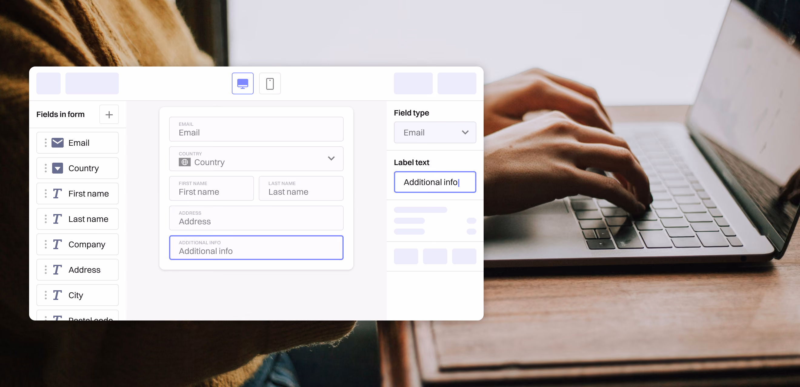 Drag-and-drop address form builder with a field list and field type settings panel.