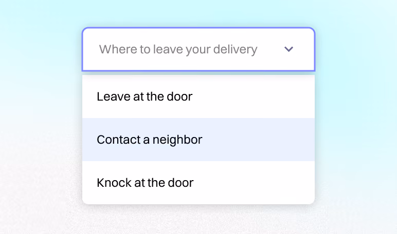Custom delivery instructions dropdown offering leave at the door, contact a neighbor or knock.