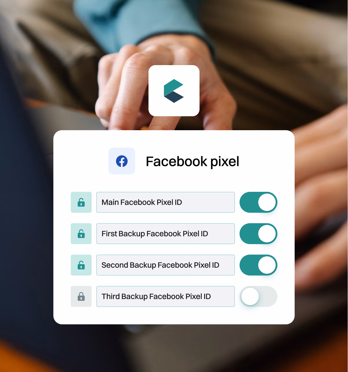Checkify settings panel with main and backup Facebook Pixel ID toggles enabled.