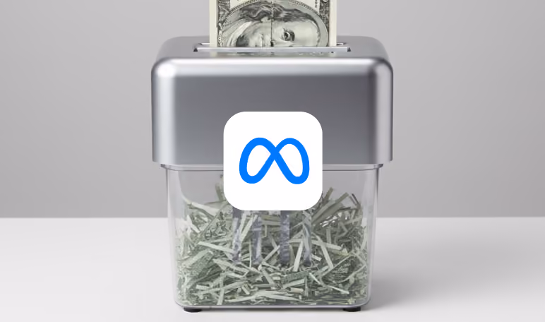 Paper shredder marked with the Meta logo destroying banknotes, showing wasted ad spend.