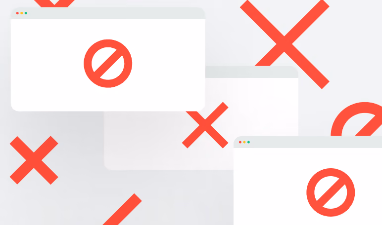 Browser windows marked with blocked icons and red crosses, showing tracking scripts denied.