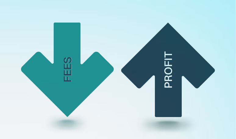 Arrow icons showing transaction fees decreasing and merchant profit increasing