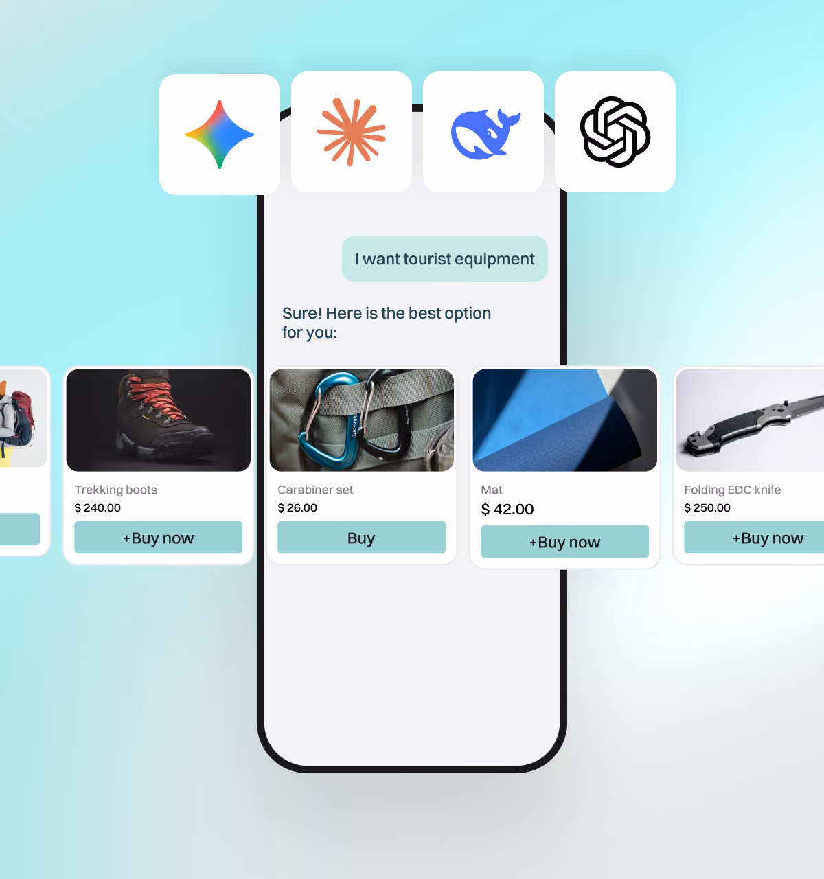 AI shopping chat recommending tourist equipment products with Buy Now buttons on a phone screen