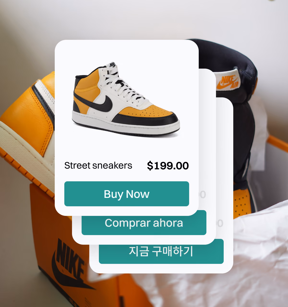 Sneaker product card with Buy Now, Comprar ahora and Korean checkout buttons in different languages