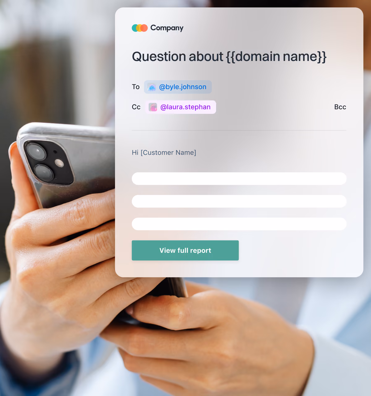 Email using dynamic variables for domain name and customer name, viewed on a mobile phone