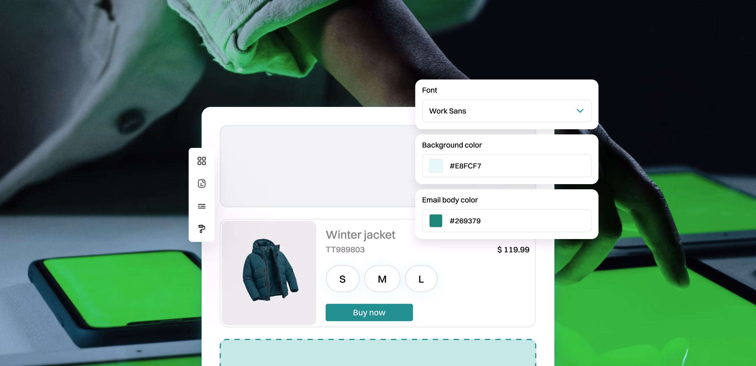 Email template editor with font and colour controls shown over a tablet and phone
