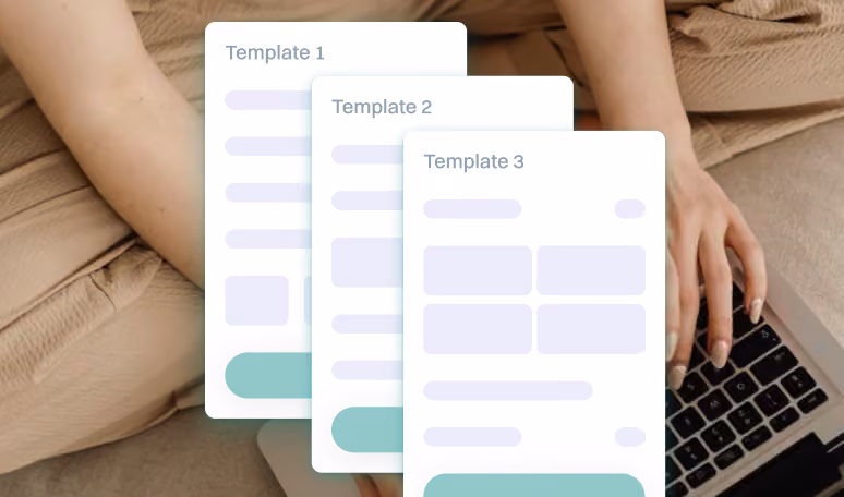 Three pre-built email templates being customised on a laptop without writing code