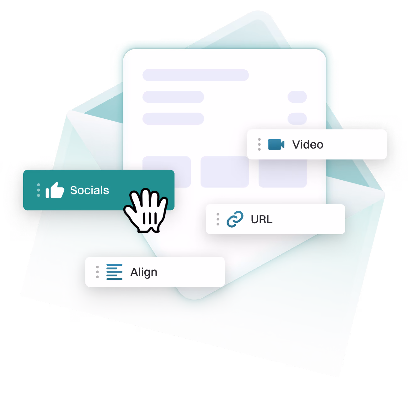 Email template builder interface with draggable Socials, Video, URL and Align content blocks