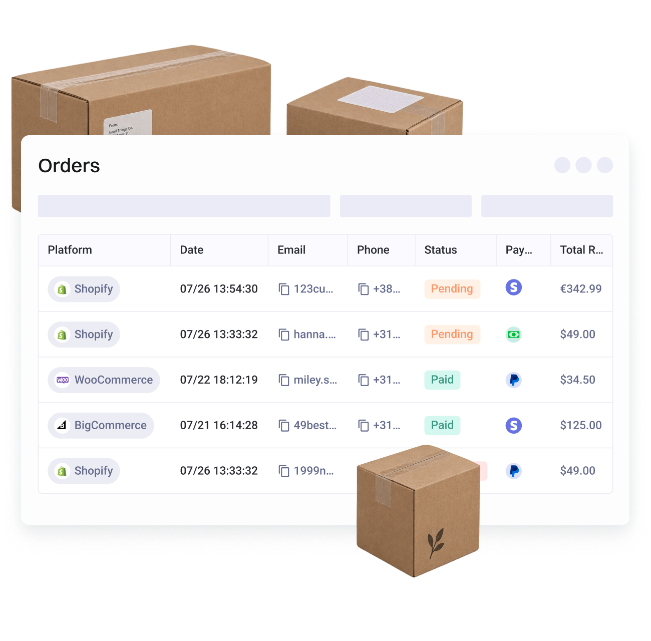 Orders dashboard listing Shopify, WooCommerce and BigCommerce orders with payment status and totals