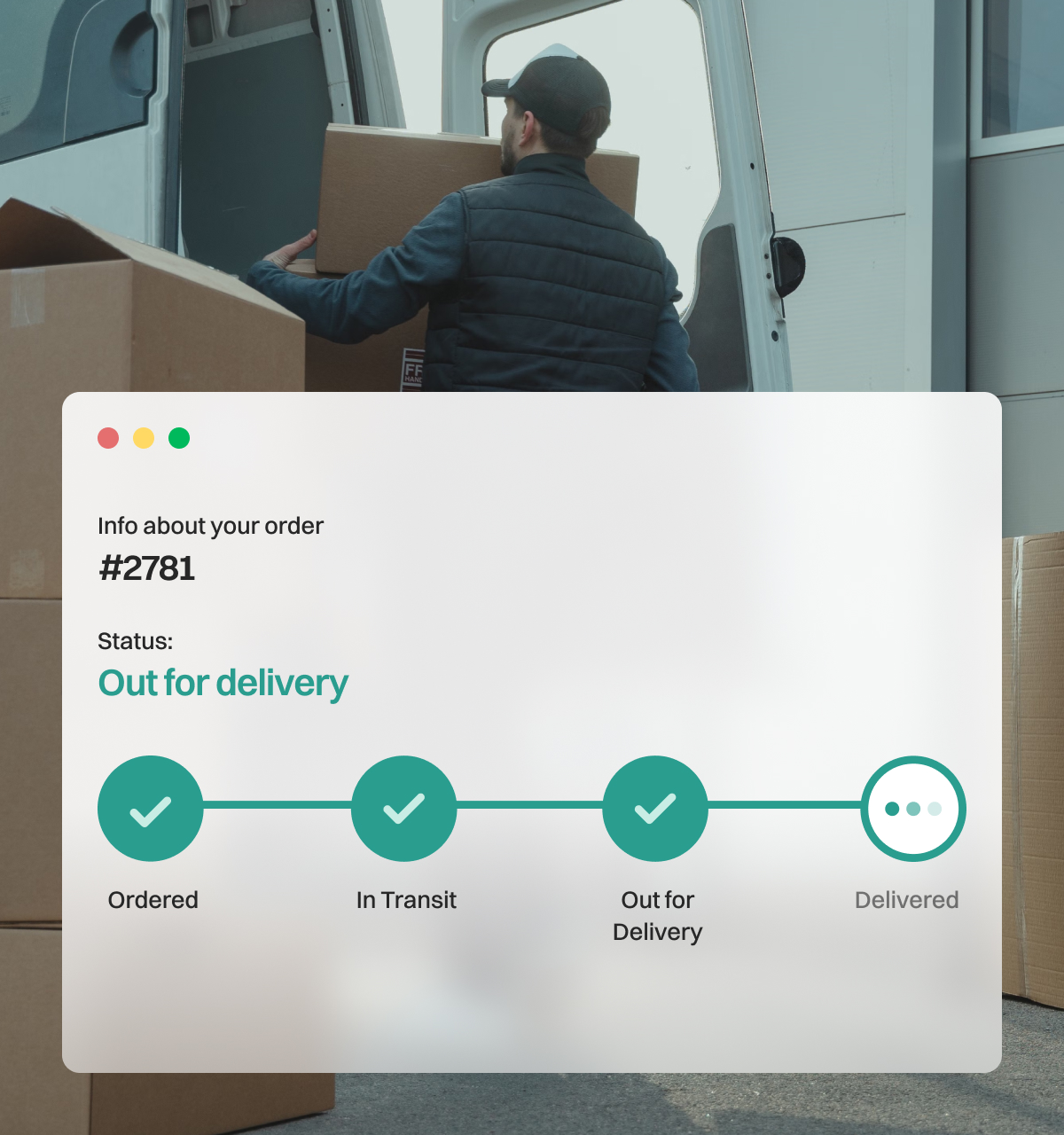 Courier loading parcels into a van, with order #2781 tracked as out for delivery