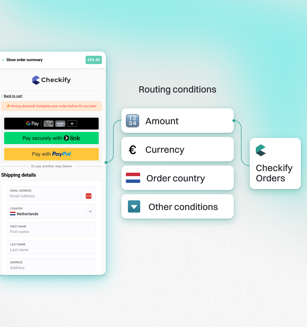 Checkout routing payments by amount, currency, order country and other conditions
