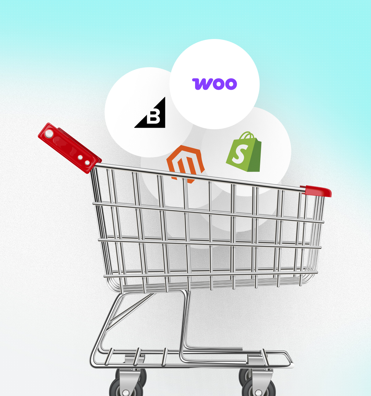 Shopping cart with Shopify, WooCommerce, BigCommerce and Magento logos
