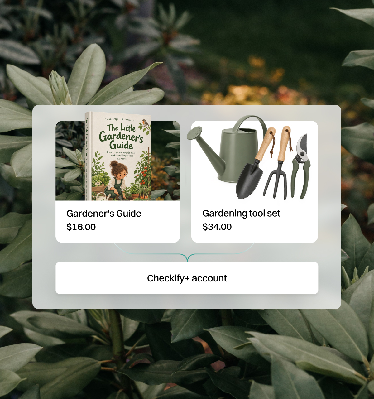 A digital gardening guide and a physical gardening tool set managed in one Checkify Plus account