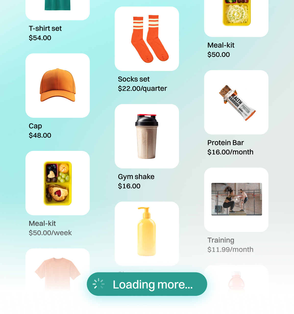 Product catalog mixing one-time items like a $48 cap with subscriptions like a $50 weekly meal kit