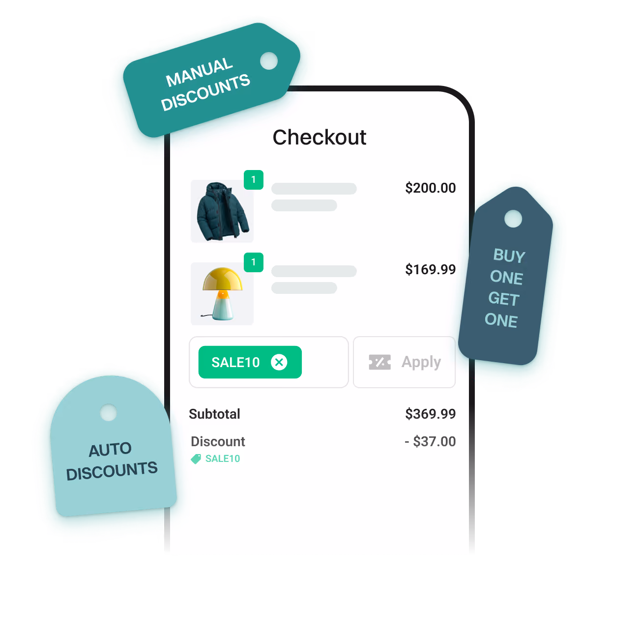 Checkout applying a SALE10 discount code, with automatic, manual and buy-one-get-one discount tags