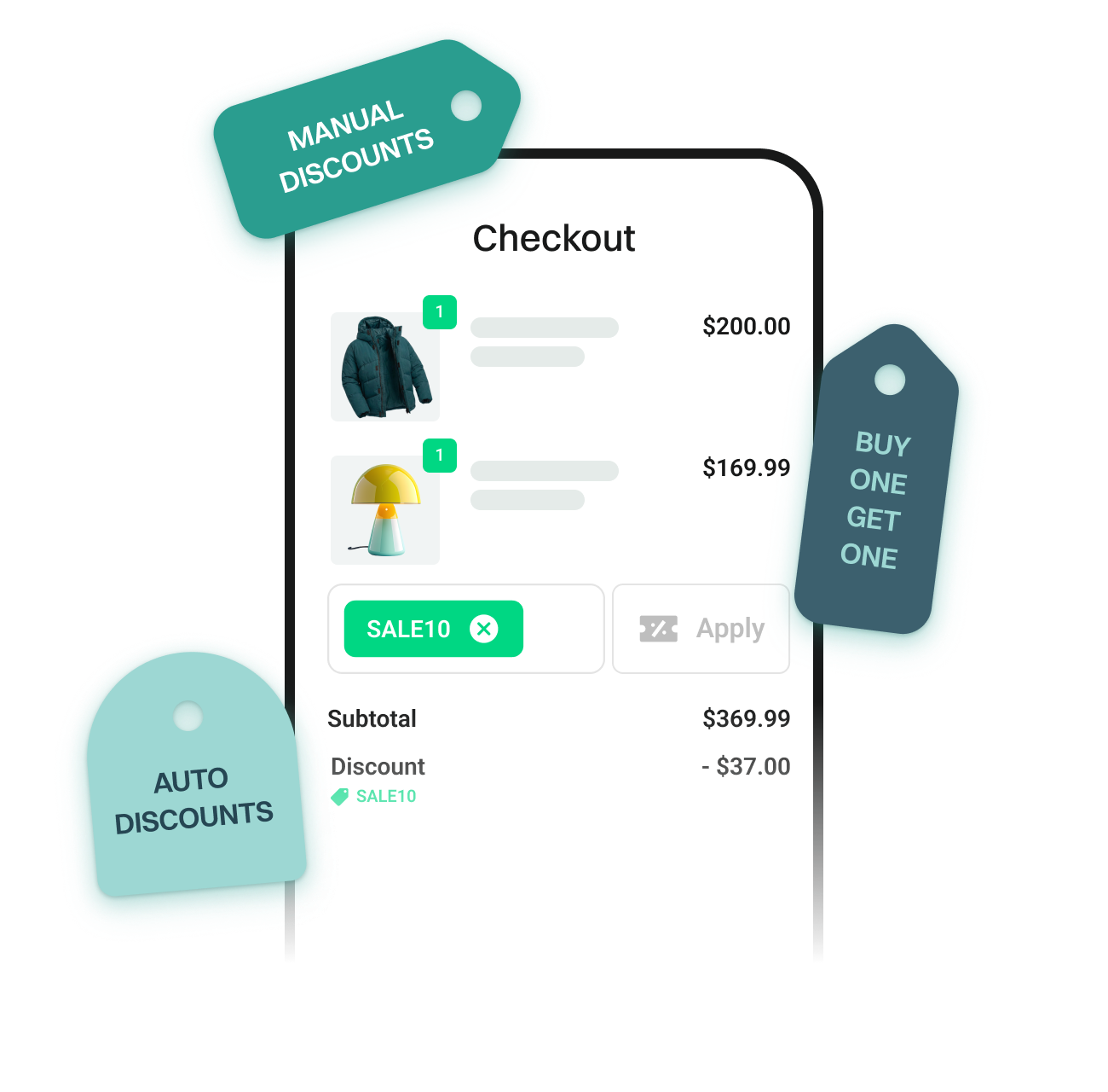 Checkout applying a SALE10 discount code, with automatic, manual and buy-one-get-one discount tags