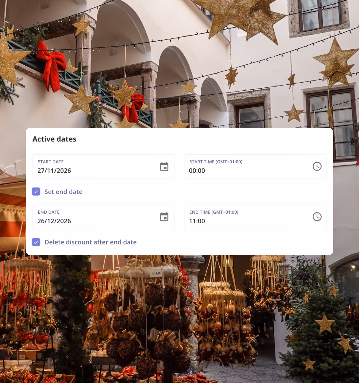Discount scheduler set to run from 27 November to 26 December over a Christmas market scene