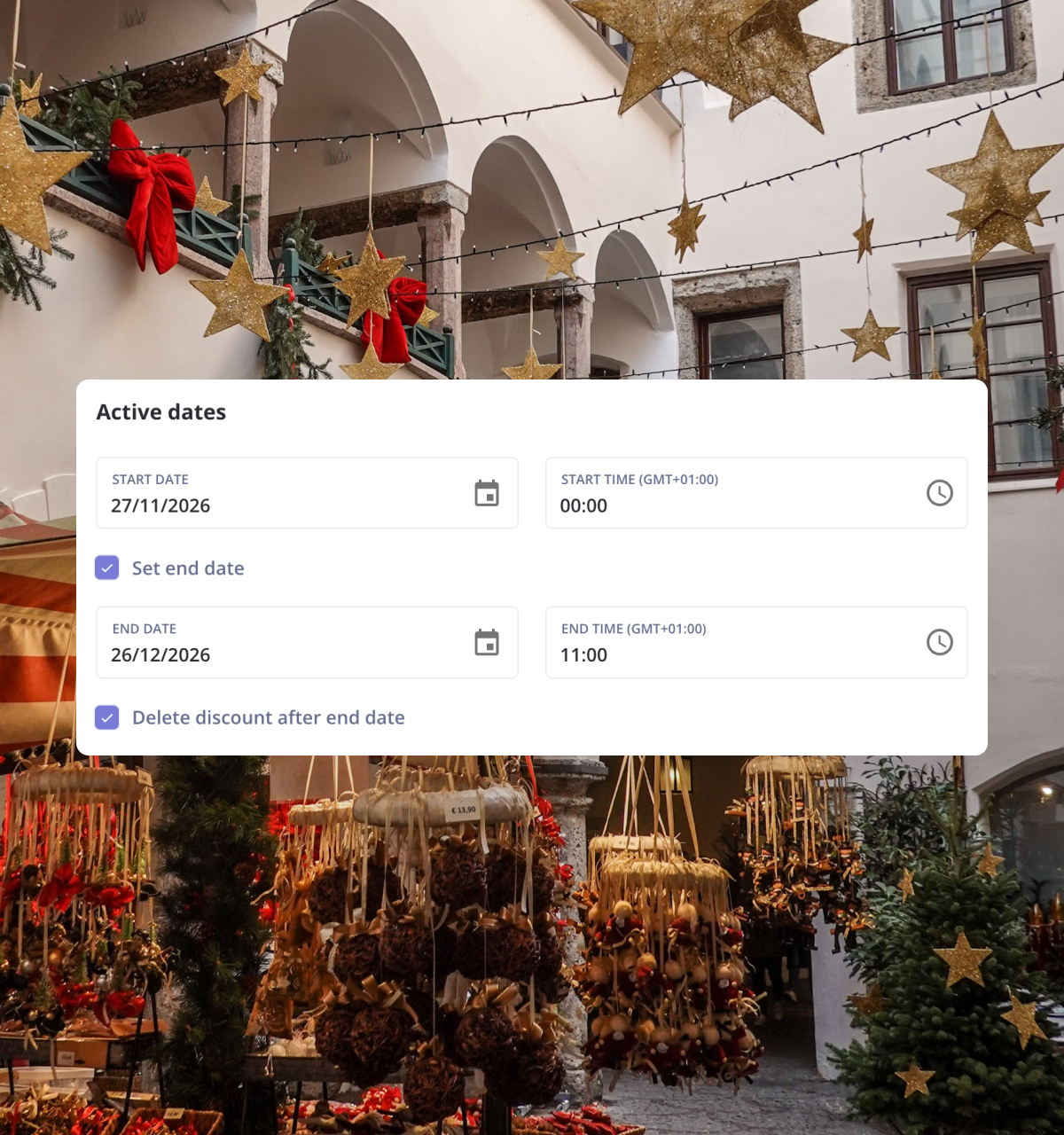 Discount scheduler set to run from 27 November to 26 December over a Christmas market scene
