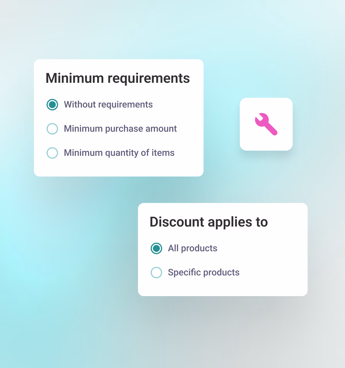 Discount rules for minimum purchase amount or item quantity, applied to all or specific products