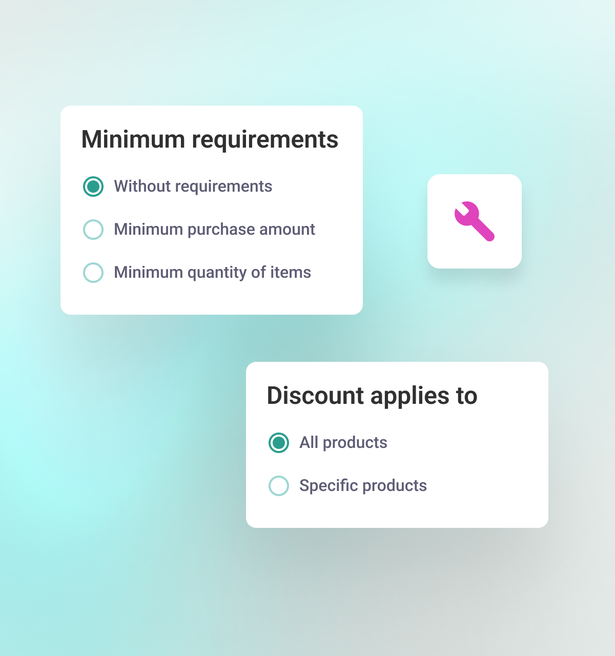Discount rules for minimum purchase amount or item quantity, applied to all or specific products