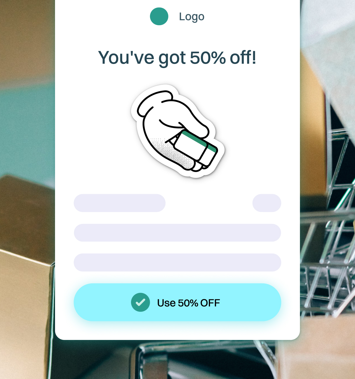 Cart recovery message offering 50% off with a Use 50% OFF button