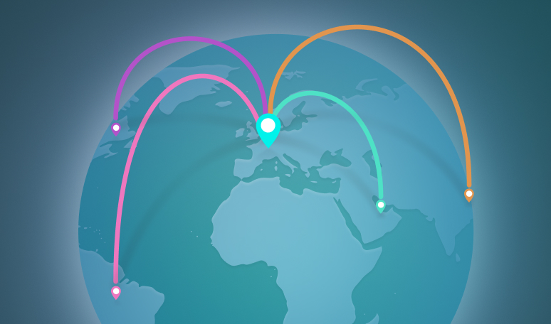 World map with sales routes from Europe to the Americas, the Middle East and Asia
