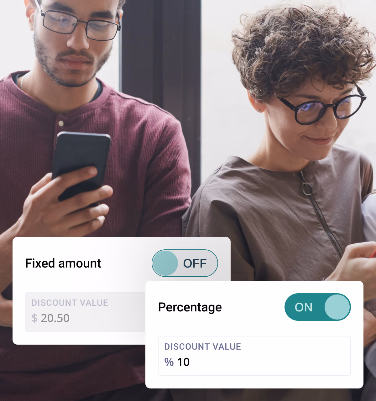 Discount settings with a $20.50 fixed amount switched off and a 10% percentage discount switched on