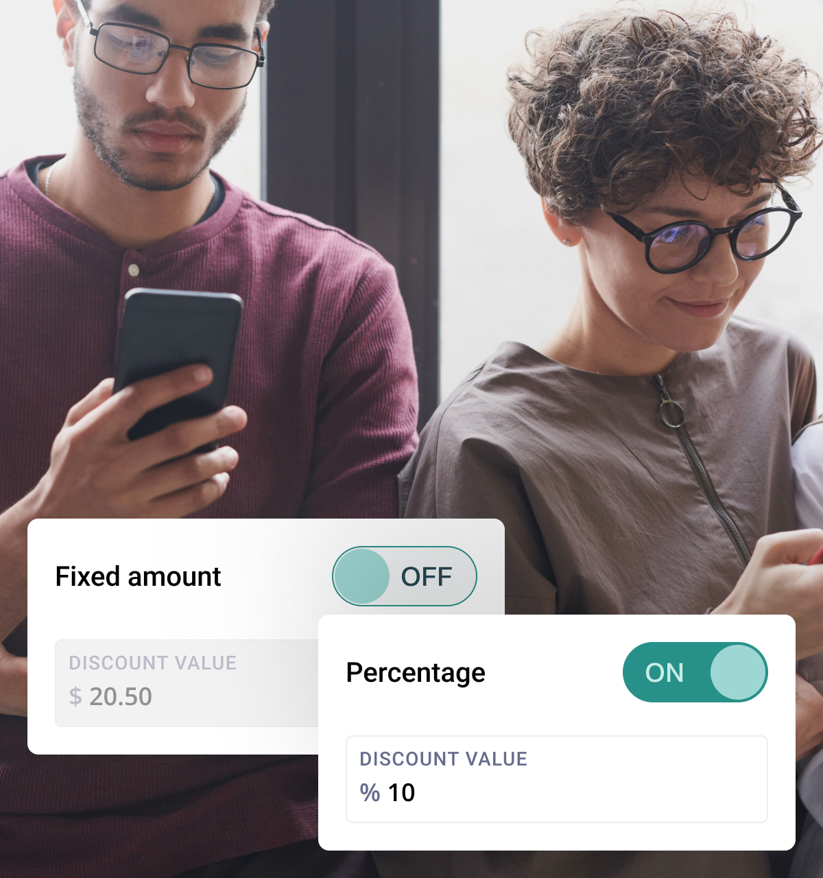 Discount settings with a $20.50 fixed amount switched off and a 10% percentage discount switched on