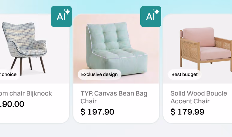 AI-labelled product cards comparing three chairs by price, design and budget