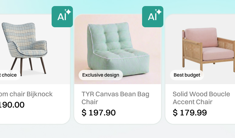 AI-labelled product cards comparing three chairs by price, design and budget