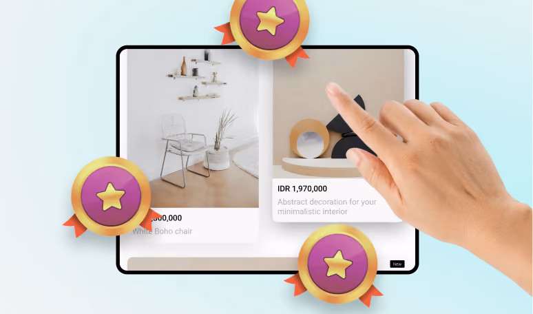 Shopper tapping a product on a tablet surrounded by gold star reward badges