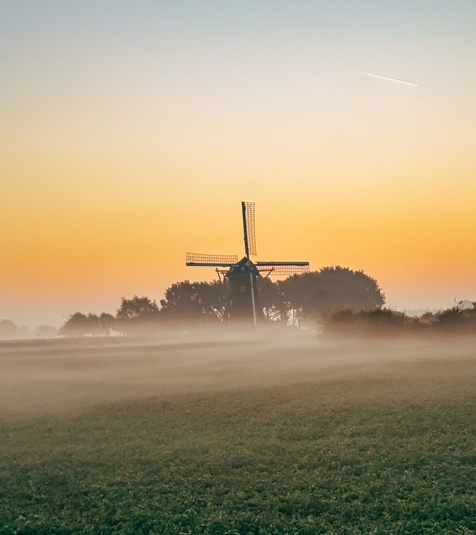 Traditional windmill silhouetted against a golden sky with mist over green fields.