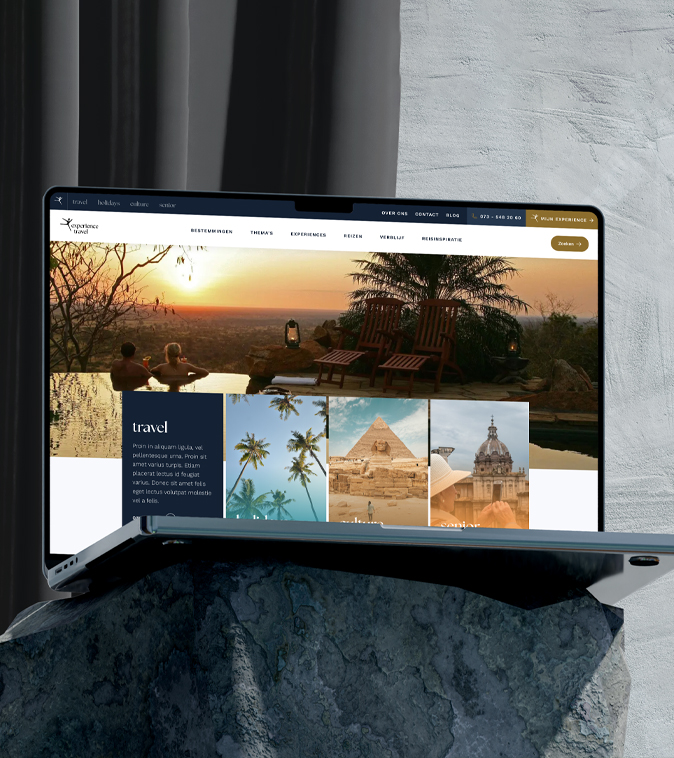 Laptop displaying a travel website featuring sunset view with two people in a pool and images of palm trees, pyramids, and a historical building.