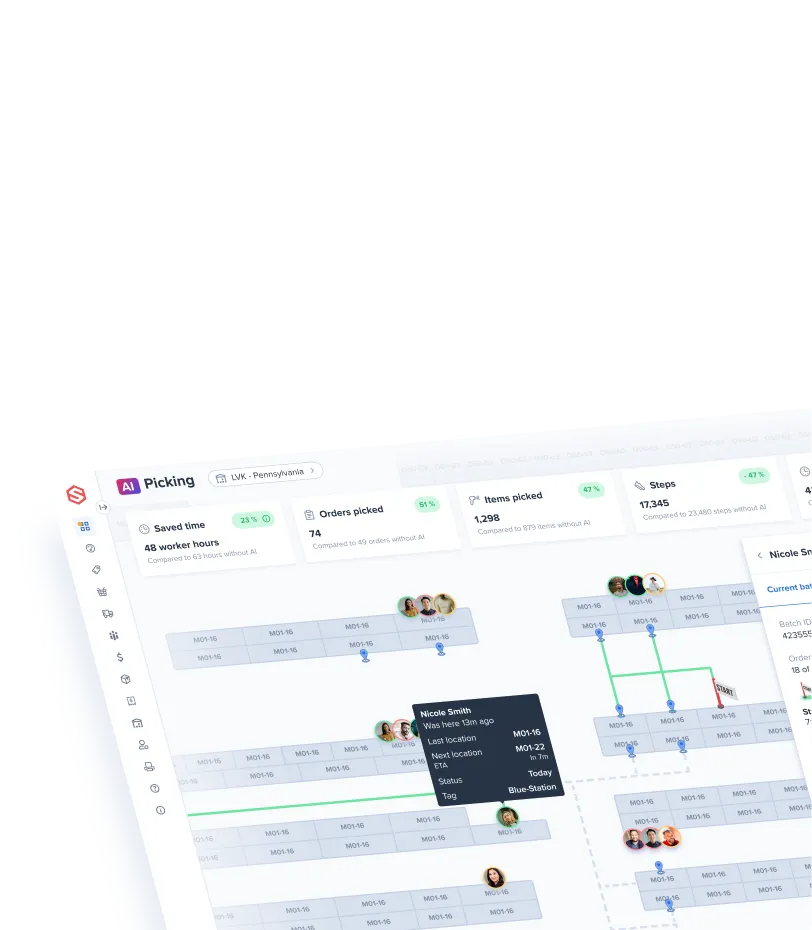 Dashboard interface displaying AI-powered picking metrics with worker locations and status in a grid layout.