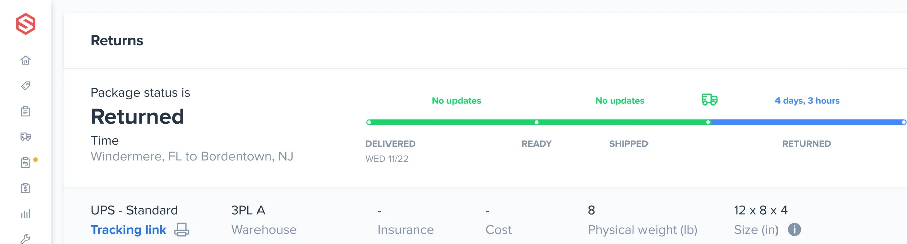 Warehouse live view dashboard showing team members, current jobs, time, alerts, shifts, order status, and high priority tags for Shopify and small items.