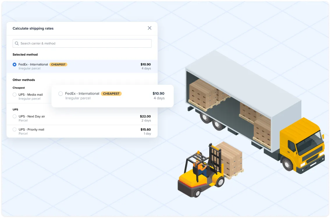 User interface showing shipping rate options with a selected FedEx International cheapest option, alongside an illustration of a forklift loading boxes into a yellow delivery truck.