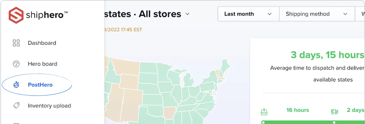 Shiphero dashboard interface showing a U.S. map with average dispatch and delivery times of 3 days and 15 hours for available states.