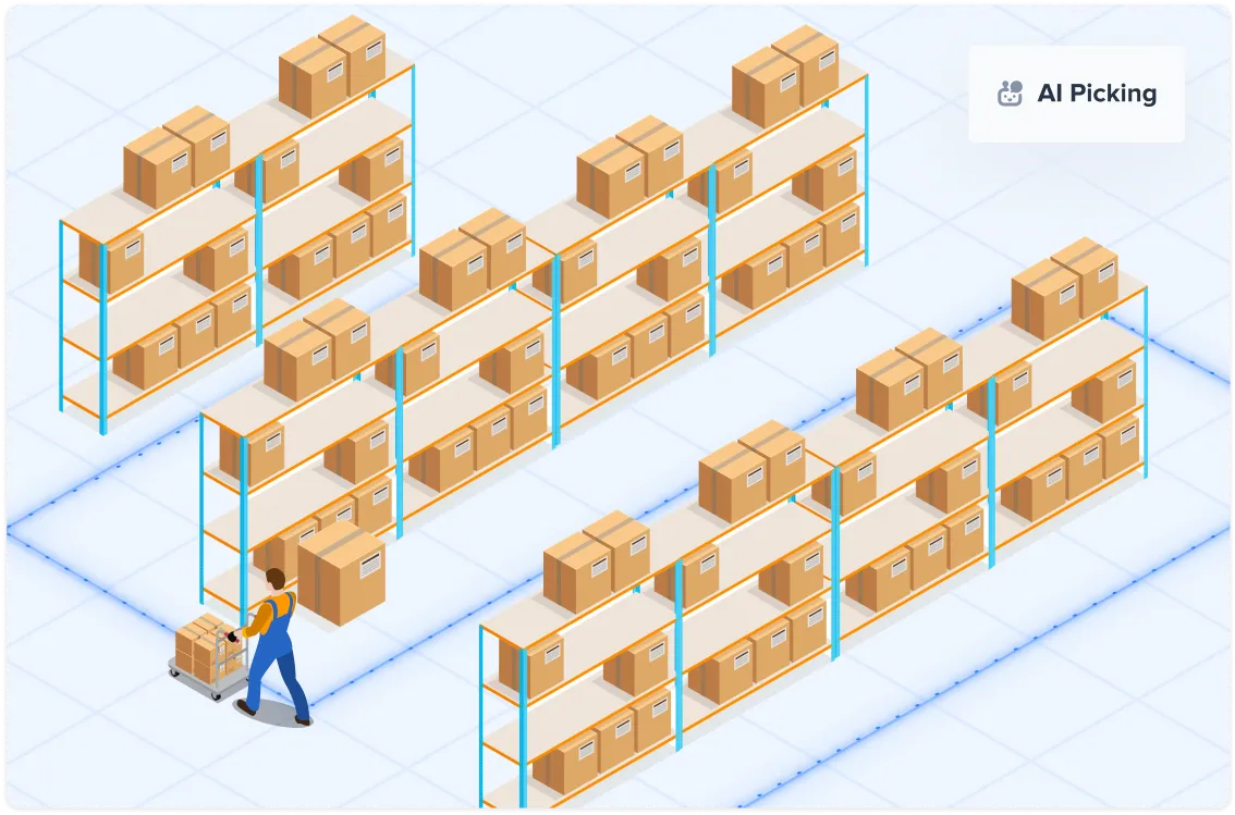 Illustration of a warehouse with multiple shelves stocked with boxes and a worker using AI-assisted picking to move packages on a cart.